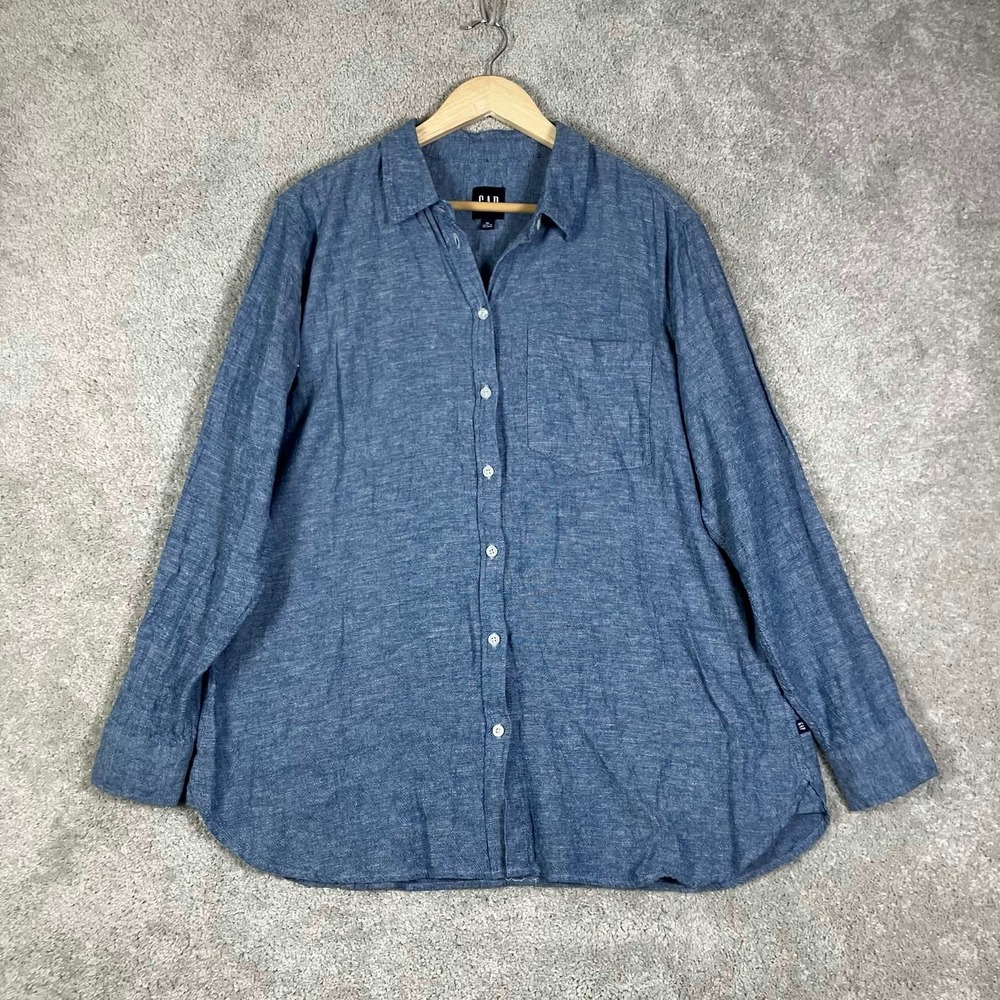 Gap Button Down Shirt Women XL Blue Linen Blend Long Sleeve Casual